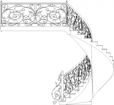 1294mm Wide Traditional Stairs with Gothic Design Railing Rear Elevation dwg Drawing