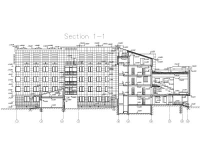 Administrative Multi-Story building Section- 1-1 Architectural Drawing. CAD block in DWG format free download.