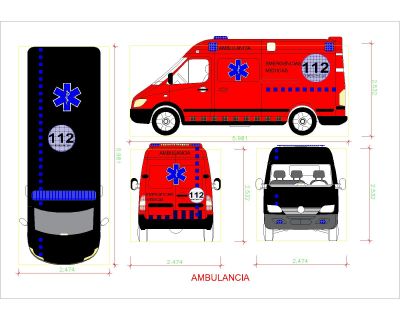 Ambulance Top, Front & Side Views Architectural Drawing. CAD block in DWG format free download.