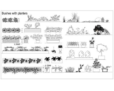 Free AutoCAD 2D Editable Drawings for Bushes with planters