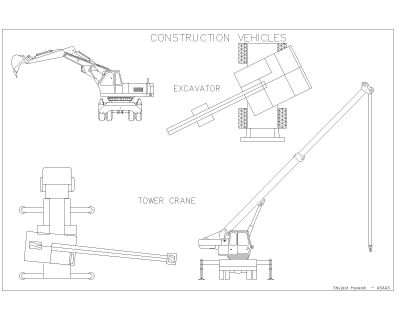 Free AutoCAD 2D Editable Drawings for Construction Vehicle Symbols for excavator & tower crane