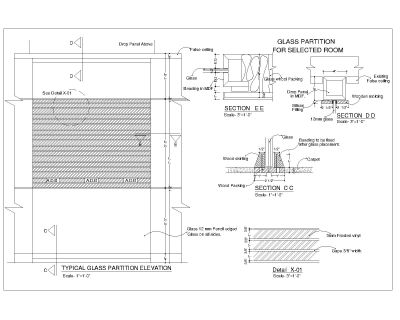 Free AutoCAD 2D Editable Drawings for Glass Partition & Fixing Details