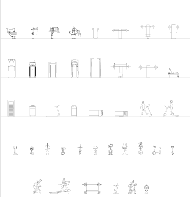 Equipamentos de ginástica - bancos de cardio e musculação coleção CAD dwg