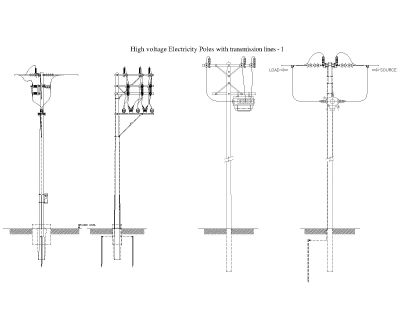 Free AutoCAD 2D Editable Drawings for High voltage Electricity Poles with transmission lines - 1