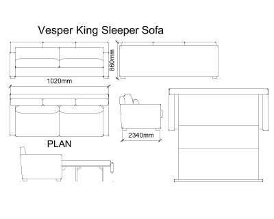 Free AutoCAD 2D Editable Drawings for King Sleeper Sofa