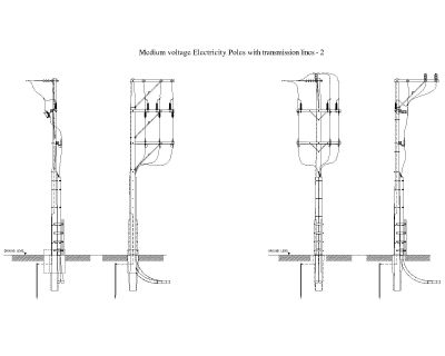 Free AutoCAD 2D Editable Drawings for Medium voltage Electricity Poles with transformer - 2