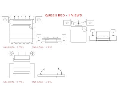 Free AutoCAD 2D Editable Drawings for QUEEN BED - 1 VIEWS