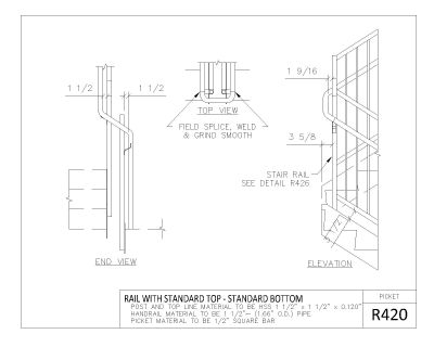 Picket Rail R-400 Series Sectional Detail-3 architectural drawings. CAD block in DWG format free download.