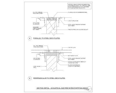 “Section Detail of Acoustical and Fire Rated Partition Head" CAD Block. Free DWG AutoCAD drawing available to download.”