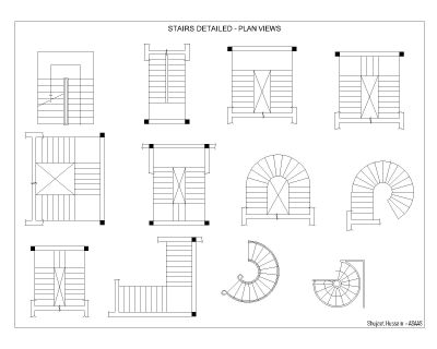 Stair different Shapes & designs (Plan-Elevation-Side Views)-.2. CAD block in DWG format free download.