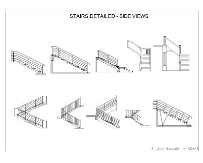 Stair different types Detailed side view drawings-. CAD block in DWG format free download.