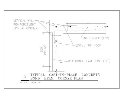 Free AutoCAD 2D Editable Drawings for Typical Cast in Place Concrete Bond Beam Corner Plan
