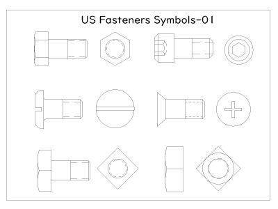 US Fasteners Nuts & Bolts Symbols & Signs -1. CAD block in DWG format free download.