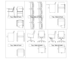 Conference and Meeting Chairs Top, Side & Front-3 Architectural Drawing. CAD block in DWG format free download.