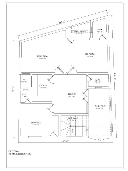 Free AutoCAD 2D Editable Drawings for 2BHK House Design Ground Floor Plan OP_ 1