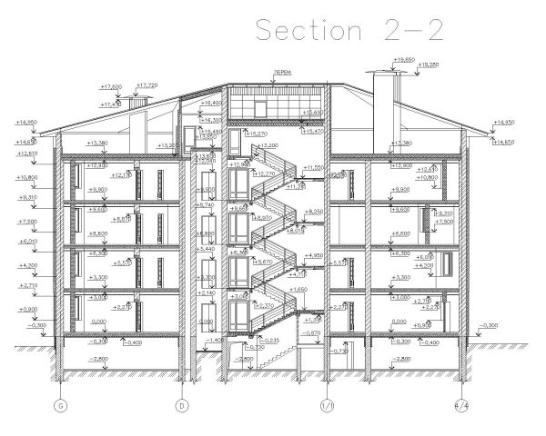 Administrative Multi-Story building Section- 2-2 Architectural Drawing. CAD block in DWG format free download.