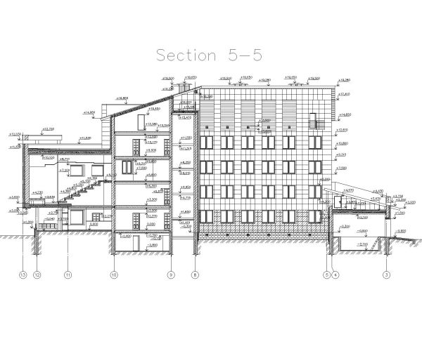 Administrative Multi-Story building Section- 5-5 Architectural Drawing. CAD block in DWG format free download.
