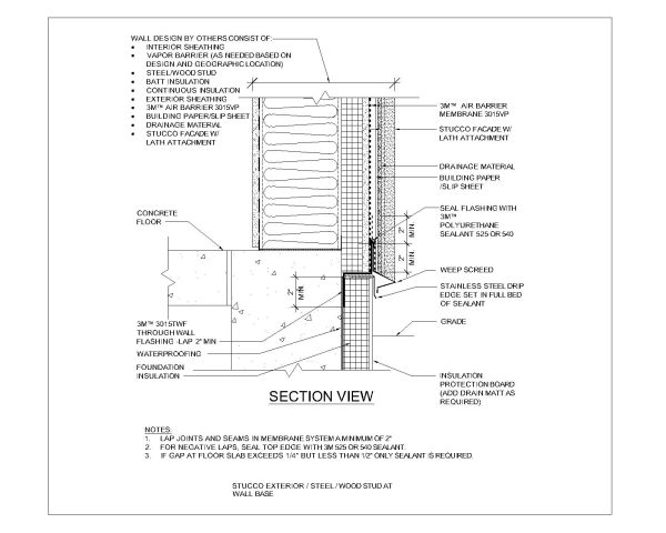 Free AutoCAD 2D Editable Drawings for Air Barriers- Stucco Steel Stud at Wall Base
