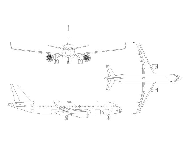 Free AutoCAD 2D Editable Drawings for Air Bus Boing Top, Side & Front Views
