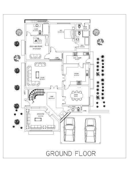 Free AutoCAD 2D Editable Drawings for Brick Masonry Double Story House Ground Floor Design _ 1