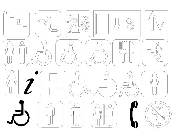 Building symbols and wayfinding Architectural Drawing. CAD block in DWG format free download.