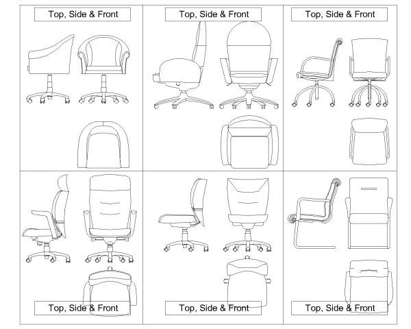 Conference and Meeting Chairs Top, Side & Front-2 Architectural Drawing. CAD block in DWG format free download.