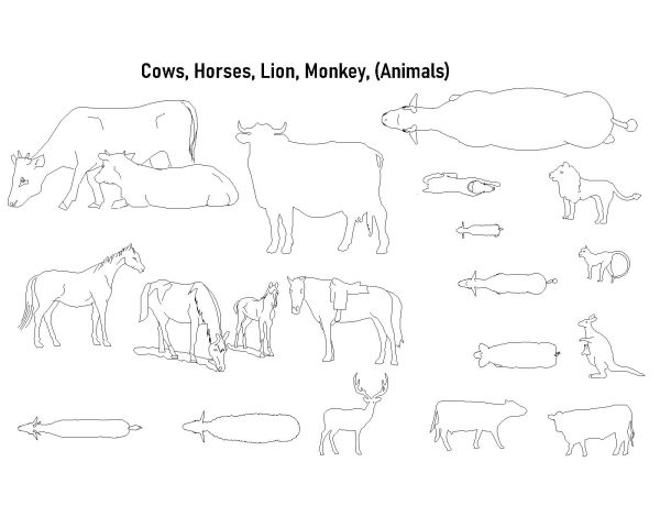 Free AutoCAD 2D Editable Drawings for Cows, Horses, Lion, Monkey, (Animals)