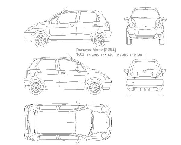 Free AutoCAD 2D Editable Drawings for Daewoo matiz car (2004)