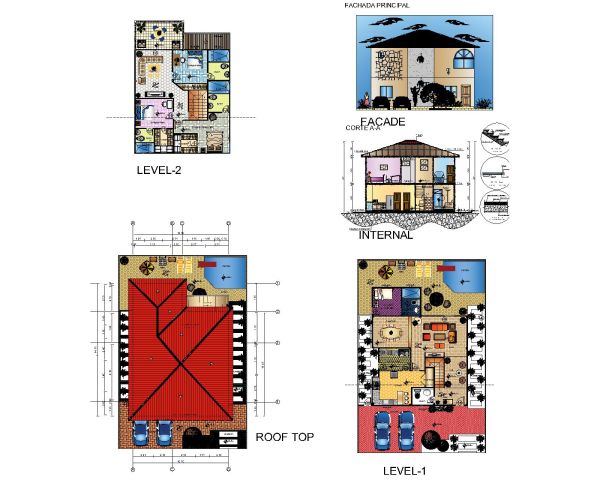 Family-House-Two-Floors-Color Full Drawing CAD Block – DWG AutoCAD Editable Drawing (Free Download)