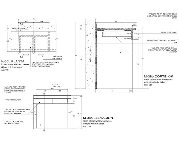 Free AutoCAD 2D Editable Drawings for Fixed cabinet with two drawers