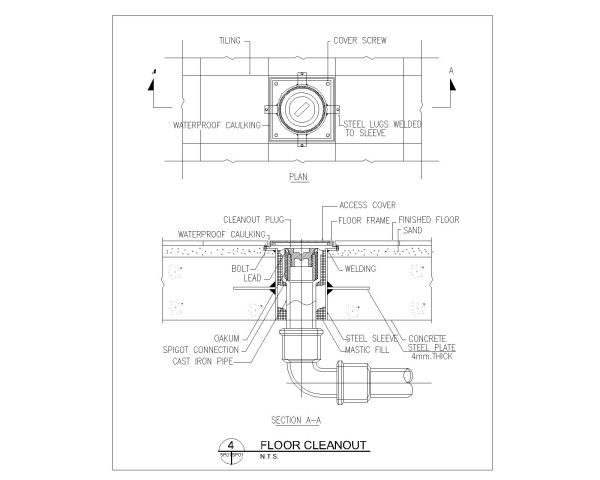 Free AutoCAD Plumbing drawing of Floor Cleanout for Sewerage Lines with sectional details