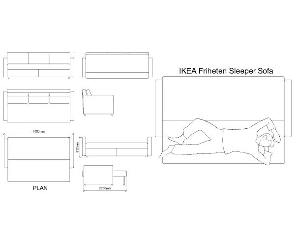 Free AutoCAD 2D Editable Drawings for Friheten Sleeper Sofa