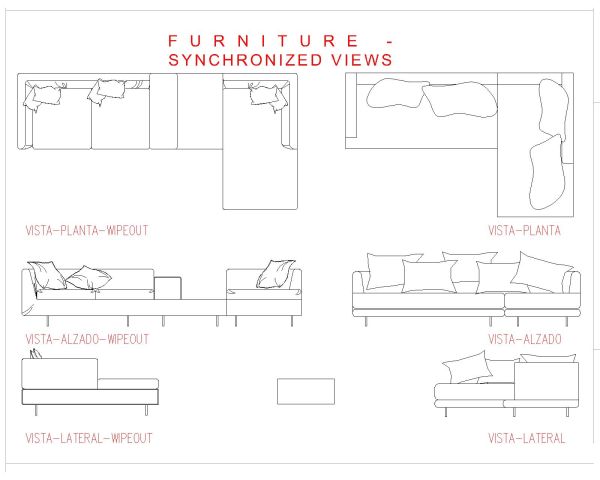 Free AutoCAD 2D Editable Drawings for FURNITURE - SYNCHRONIZED VIEWS