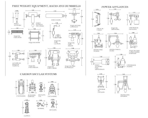 Free AutoCAD 2D Editable Drawings for Gym equipments for fitness