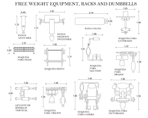 Free AutoCAD 2D Editable Drawings for Gym free Weight Equipment Racks & Dumbbells