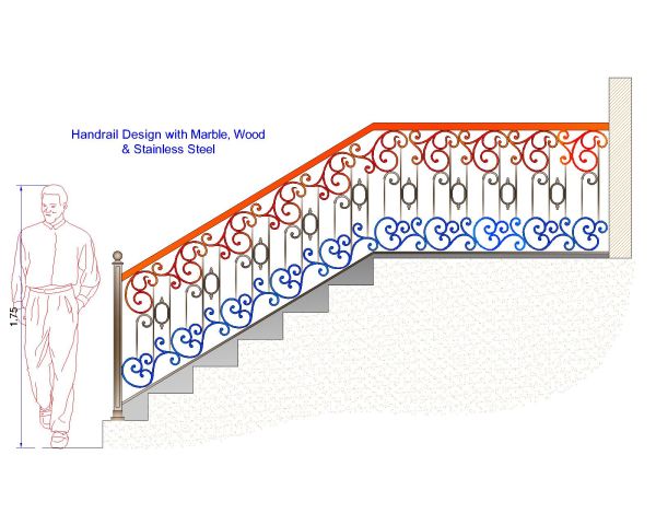 Free AutoCAD 2D Editable Drawings for Handrail Design with Marble, Wood & Stainless Steel - 10