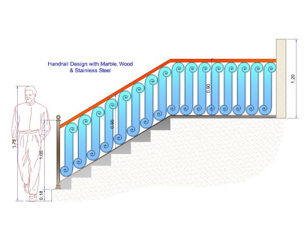 Free AutoCAD 2D Editable Drawings for Handrail Design with Marble, Wood & Stainless Steel - 11