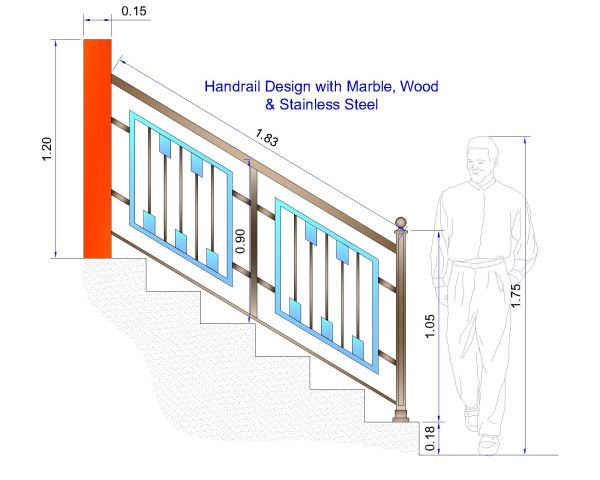 Free AutoCAD 2D Editable Drawings for Handrail Design with Marble, Wood & Stainless Steel - 12