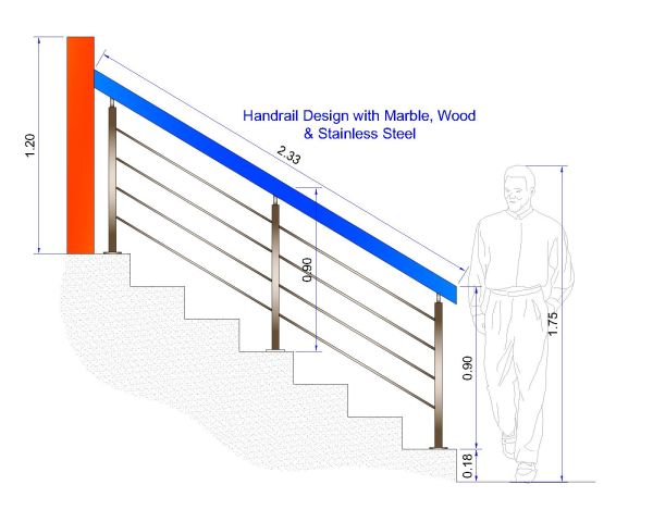 Free AutoCAD 2D Editable Drawings for Handrail Design with Marble, Wood & Stainless Steel - 13