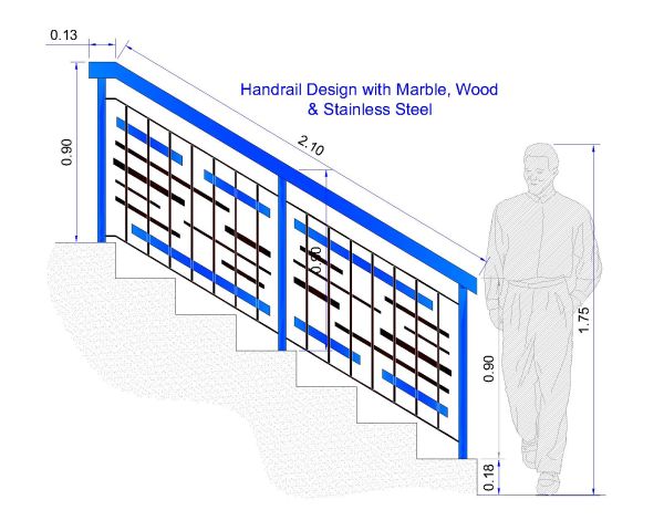 Free AutoCAD 2D Editable Drawings for Handrail Design with Marble, Wood & Stainless Steel - 14