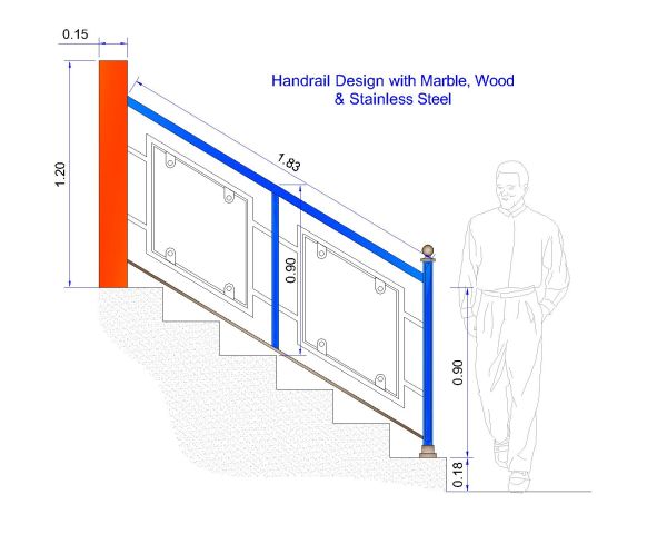 Free AutoCAD 2D Editable Drawings for Handrail Design with Marble, Wood & Stainless Steel - 16
