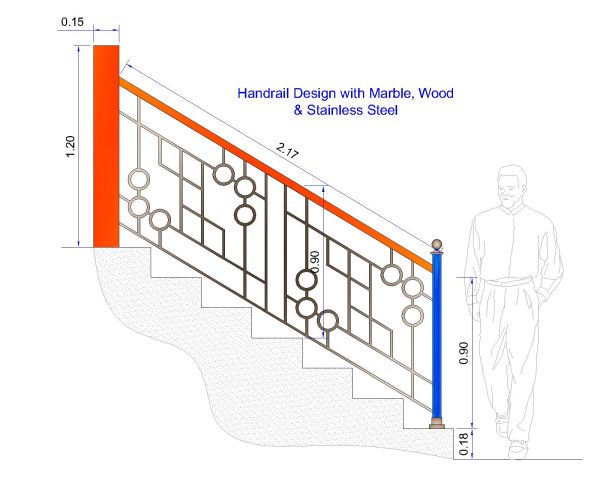 Free AutoCAD 2D Editable Drawings for Handrail Design with Marble, Wood & Stainless Steel - 17