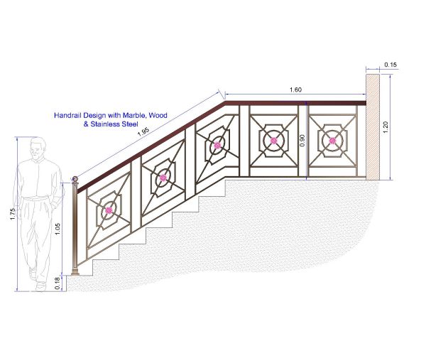 Free AutoCAD 2D Editable Drawings for Handrail Design with Marble, Wood & Stainless Steel - 19