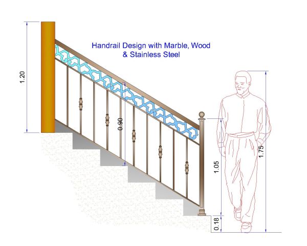 Free AutoCAD 2D Editable Drawings for Handrail Design with Marble, Wood & Stainless Steel - 2