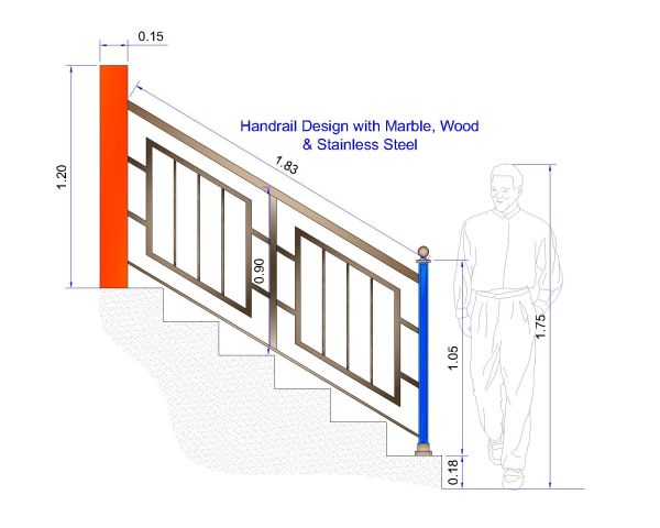 Free AutoCAD 2D Editable Drawings for Handrail Design with Marble, Wood & Stainless Steel - 20