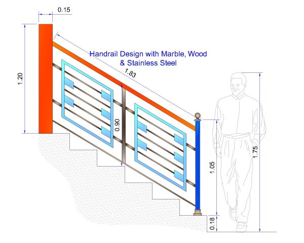 Free AutoCAD 2D Editable Drawings for Handrail Design with Marble, Wood & Stainless Steel - 22