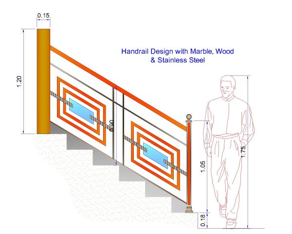 Free AutoCAD 2D Editable Drawings for Handrail Design with Marble, Wood & Stainless Steel - 3