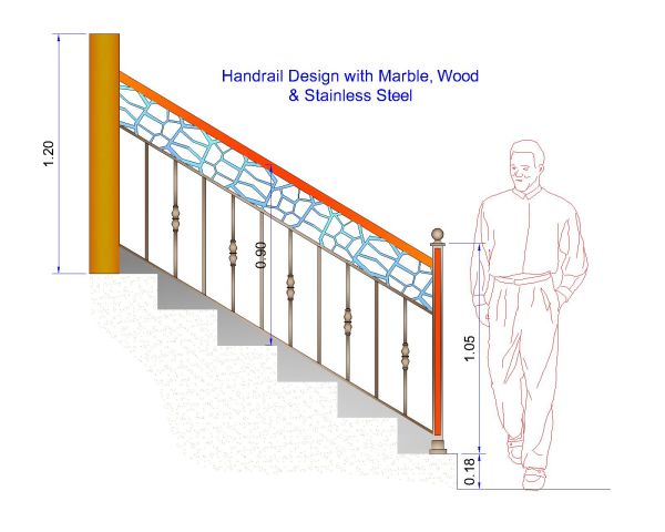 Free AutoCAD 2D Editable Drawings for Handrail Design with Marble, Wood & Stainless Steel - 4