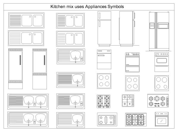 Free AutoCAD 2D Editable Drawings for Kitchen mix uses Appliances Symbols - 1