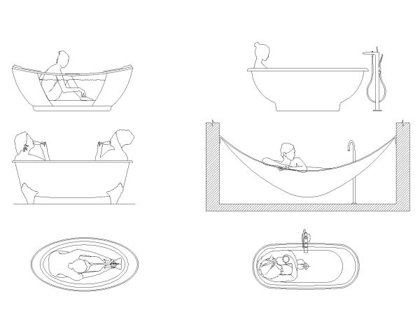 People busy in Bathtub-Model Architectural Drawing. CAD block in DWG format free download.